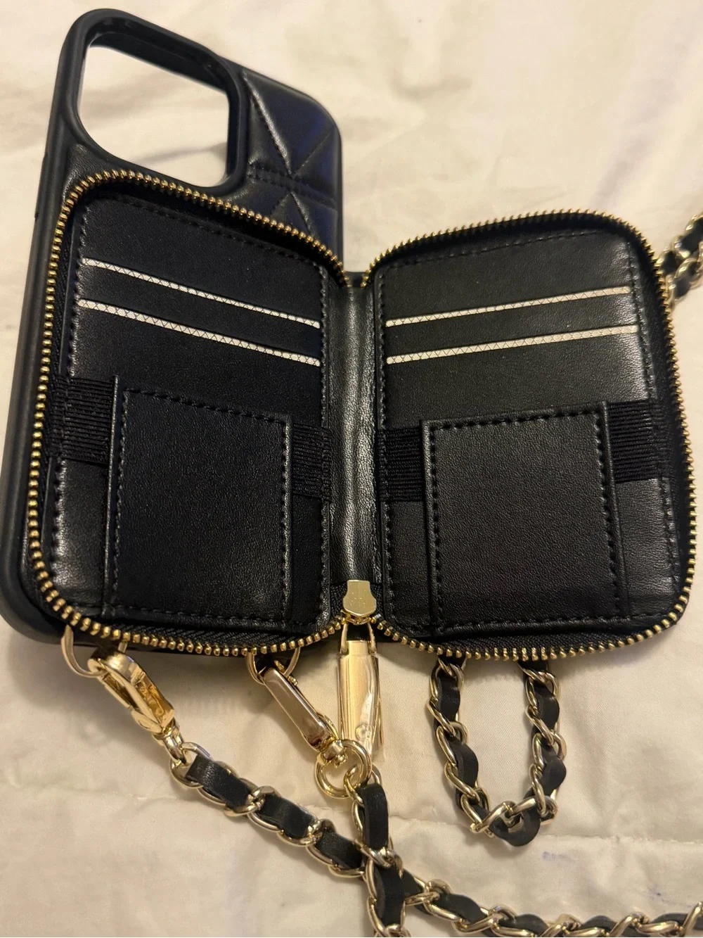 15 Pro Max Black Phone Crossbody Case with Gold Chain Strap